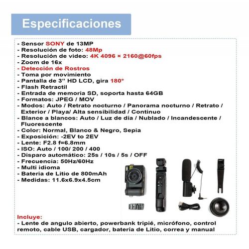 Camara Digital Vak P01 Lcd 3' 48mp 4k Tripie Control Microfo.
