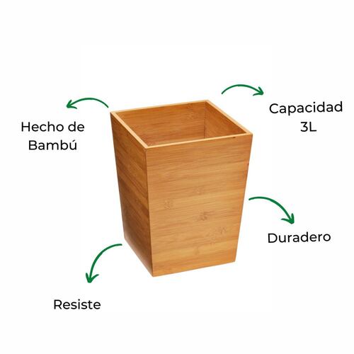 Bote De Basura Cesto Basurero Cuadrado Bambú 3L 