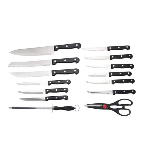 Set de cuchillos tijeras y afilador 14 pzs y base de bambú