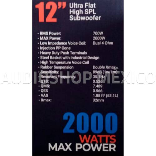 Subwoofer Ultra Plano SPL Audio Labs MONSTER FLAT 12 2000 Watts 12 Pulgadas 2 + 2 Ohms 700 Watts RMS 