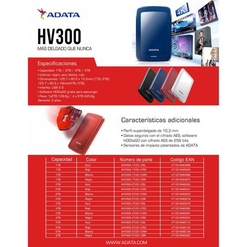 Disco Duro Externo Adata HV300, 1TB, 2.5", Usb 3.1, Color Azul (AHV300-1TU31-CBL)