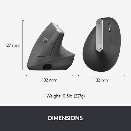 Mouse Logitech MX Vertical, Recargable, Bluetooth, Reduce la tensión Muscular, 4 botones personalizables, Logitech Options