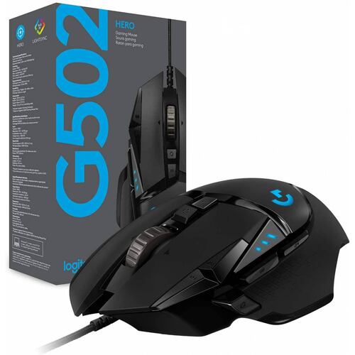 Mouse Logitech Gaming G502 Hero RGB, 100-16.000 dpi, Cinco pesas de 3.6 gramos, Velocidad de respuesta 1 ms, sensor Hero, 11 botones programables