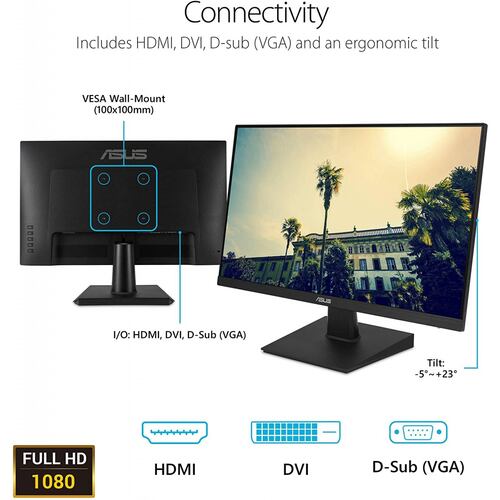Monitor ASUS VA24EHE 23.8 Pulgadas, Full HD, 1xVga, 1xHDMI, 1xDVI, Plana, Color Negro, 48-60Hz, 75Hz, 5ms