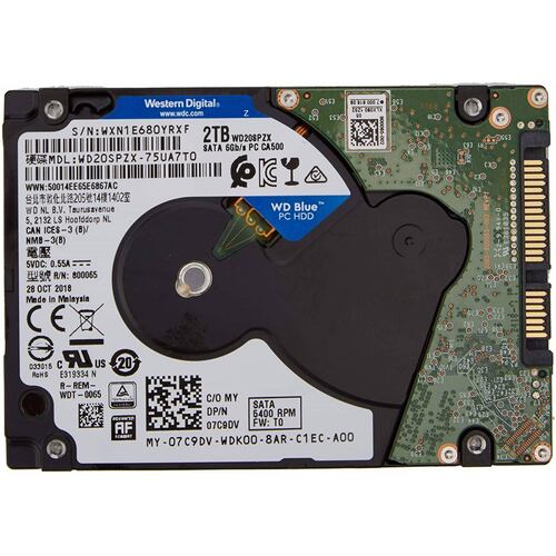 Disco Duro Interno Western Digital 2.5" BLUE 2 TB. 5400 Rpm, 128mb caché, sata3 6gb/s.