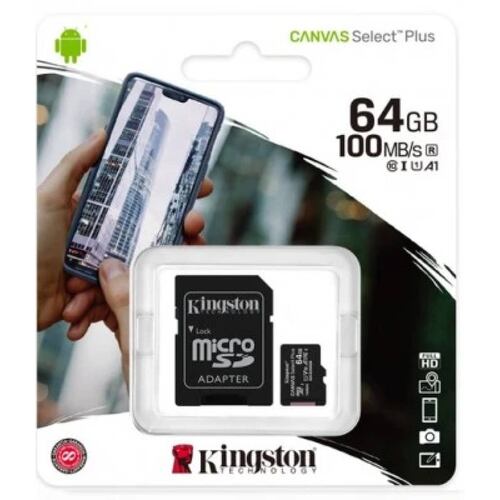 Memoria Micro SD Kingston Canvas Select Plus, 64Gb, Class 10, UHS-I, Lectura 100 MB/s, Incluye Adaptador Sd (SDCS2/64GB)