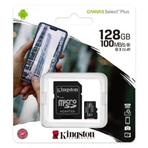 Memoria Micro SD Kingston Canvas Select Plus, 128GB, Class 10, Escritura 100 Mb/s, UHS-I, Inclye Adaptador SD (SDCS2/128GB)