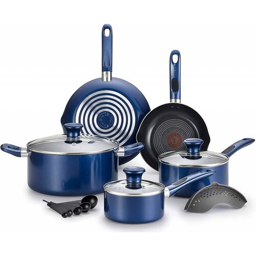 T-fal B037SE64 B037SE Excite ProGlide Antiadherente Thermo-Spot Indicador de calor Lavavajillas Apto para horno Juego de utensilios de cocina, 14 piezas, Azul