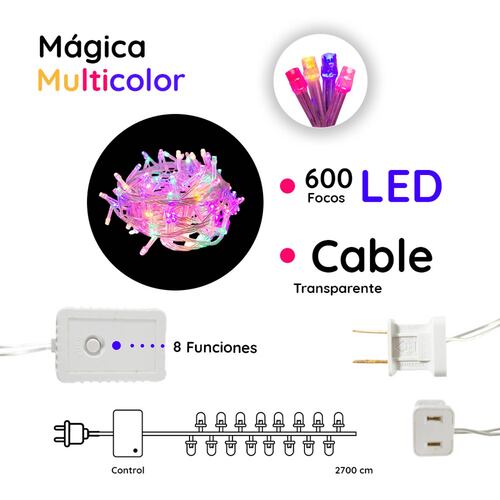 Serie De Luces Led Navideña 600 Focos Luz Multicolor 27 Mts