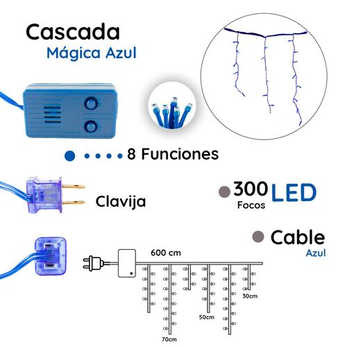 Serie Tipo Cascada Led Luz Azul 300 Led 8 Funciones 6 Metros