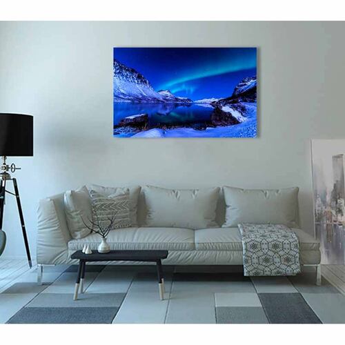 Cuadro Decorativo Canvas Paisaje de Montañas Nevadas y Aurora Boreal de 90 X 60 cm