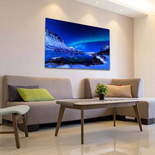 Cuadro Decorativo Canvas Paisaje de Montañas Nevadas y Aurora Boreal de 90 X 60 cm