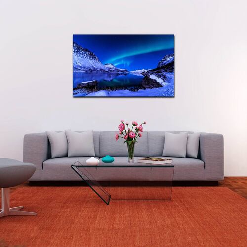 Cuadro Decorativo Canvas Paisaje de Montañas Nevadas y Aurora Boreal de 90 X 60 cm