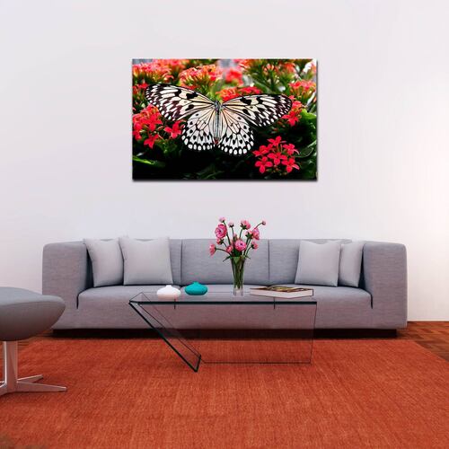 Cuadro Decorativo Canvas Paisaje Mariposa blanca sobre flores rojas de 120 X 60 cm.