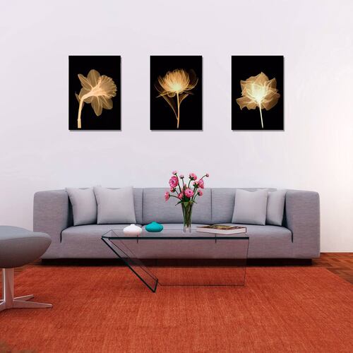 Cuadros Decorativos Set de 3 pzs Flores doradas moderno 60 X 90 cm.
