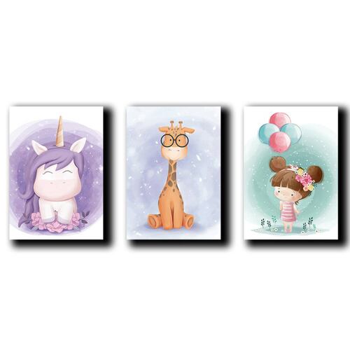 Cuadros Decorativos Set de 3 Piezas Para niñas Unicornio, Jirafa y globos 20 X 30 cm.