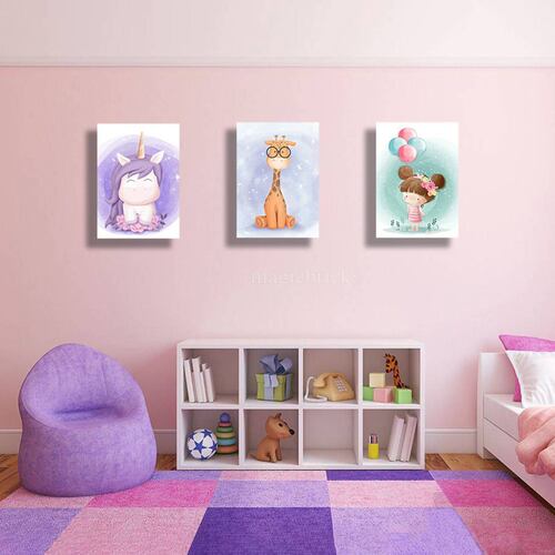Cuadros Decorativos Set de 3 Piezas Para niñas Unicornio, Jirafa y globos 20 X 30 cm.