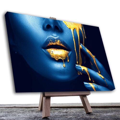 Cuadro Decorativo Labios Dorados En Azul Moderno 90 X 60.