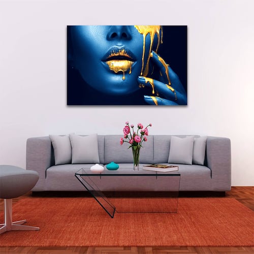 Cuadro Decorativo Labios Dorados En Azul Moderno 90 X 60.