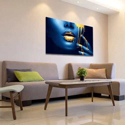 Cuadro Decorativo Labios Dorados En Azul Moderno 90 X 60.