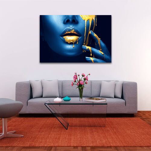 Cuadro Decorativo Labios Dorados En Azul Moderno 120 X 80.