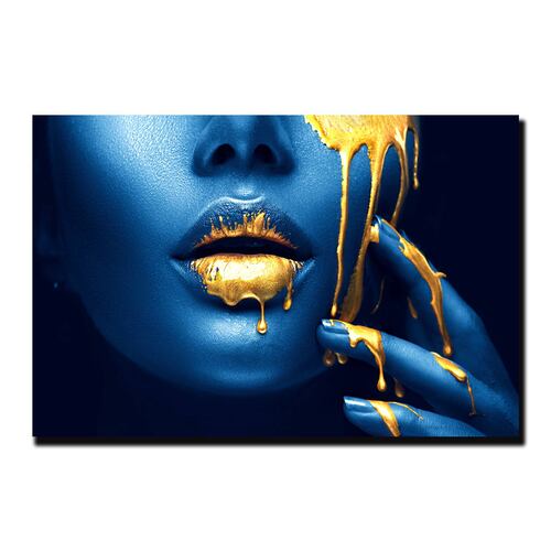 Cuadro Decorativo Labios Dorados En Azul Moderno 120 X 80.