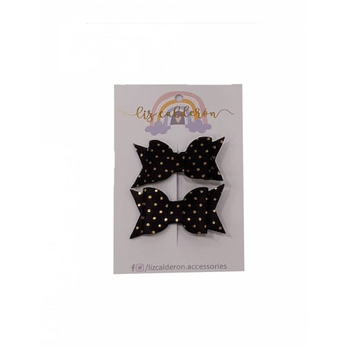Mini Moños Para Cabello Negro Puntos Dor