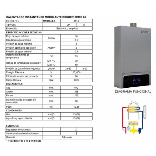 Calentador Boiler Instantáneo Modulante 16 Lts Gas Natural Serie 35 