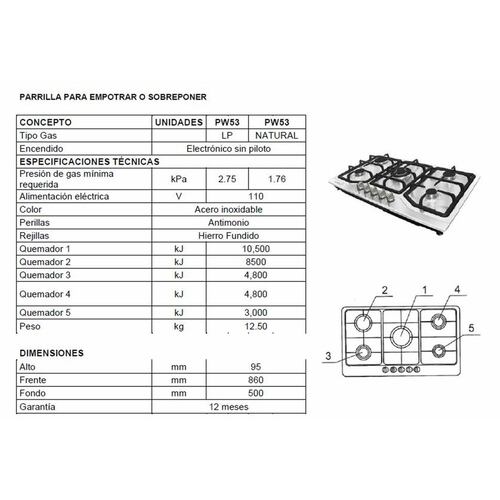Parrilla Empotrable con 5 Quemadores Gas LP Krüger 