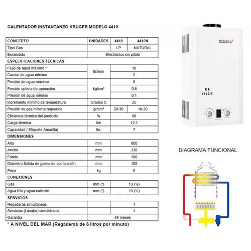 Calentador Boiler Instantáneo 10 Lts Gas LP Krüger 