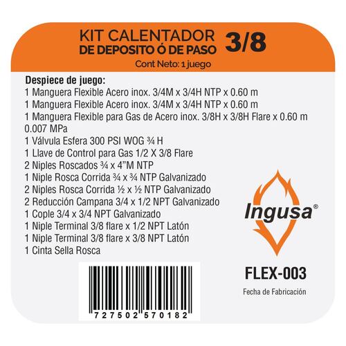 Kit de instalacion calentador deposito paso 3/4 agua 3/8 gas 