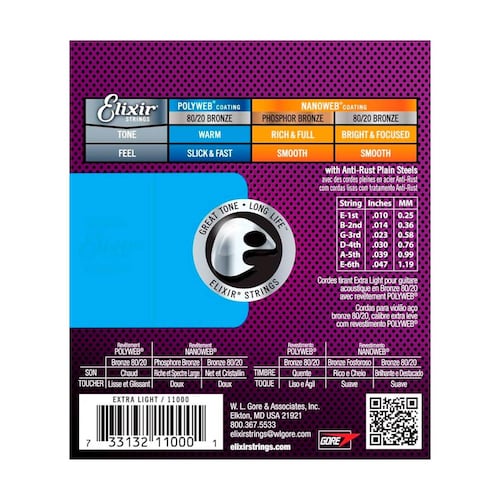 Paquete de 3 Sets de Cuerdas para Guitarra Acústica Nanoweb 16539 ELIXIR 