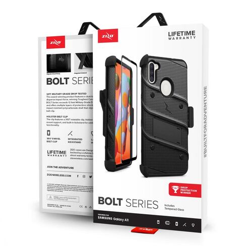 . Funda ZIZO Bolt para SAMSUNG A11 Negra con clip y mica de pantalla 
