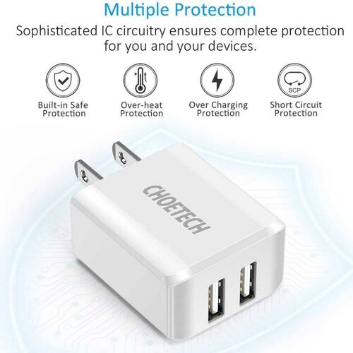 Cargador AC CHOETECH 2 x USB-A 2Amp Universal (SIN CABLE) Blanco 