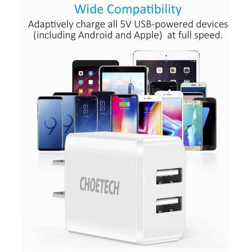 Cargador AC CHOETECH 2 x USB-A 2Amp Universal (SIN CABLE) Blanco 