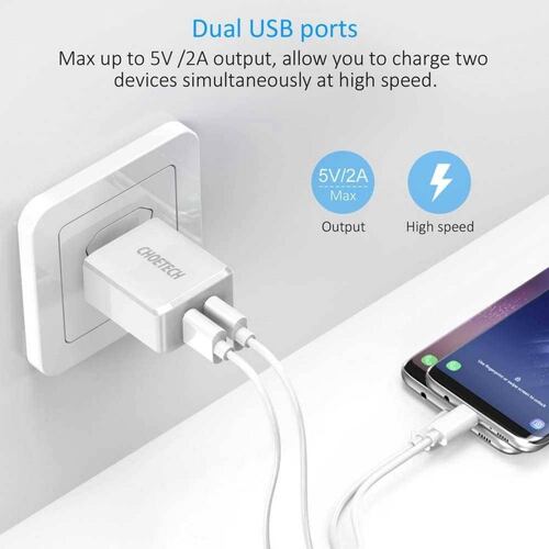 Cargador AC CHOETECH 2 x USB-A 2Amp Universal (SIN CABLE) Blanco 