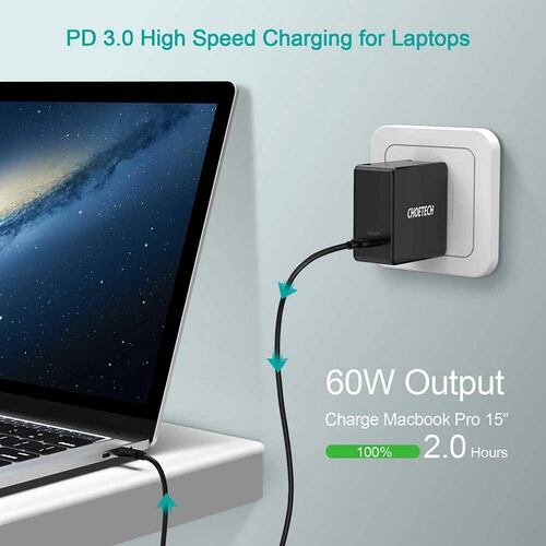 Cargador AC CHOETECH 60W PD Universal USB-C para Macbook Laptops Ipad iPhone Android Tablets 