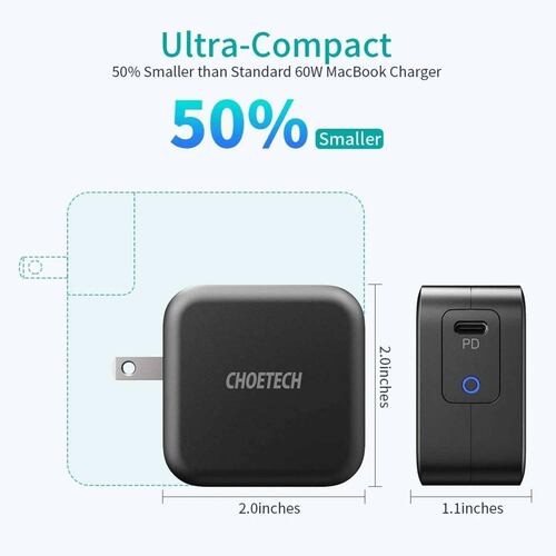 Cargador AC CHOETECH 61W PD Universal USB-C para Macbook Laptops Ipad iPhone Android Tablets 