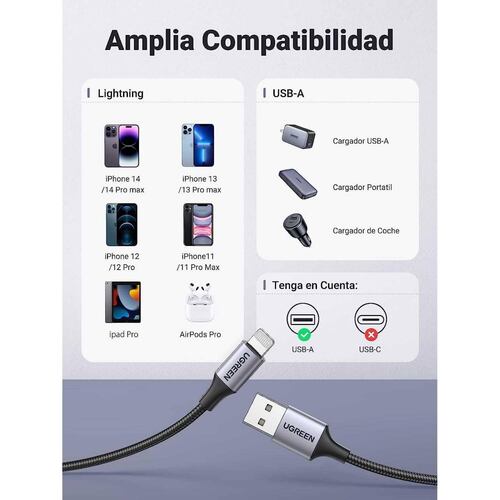 Cable Datos UGREEN USB-A a Lightning 2m certificado para iPhone e iPad 