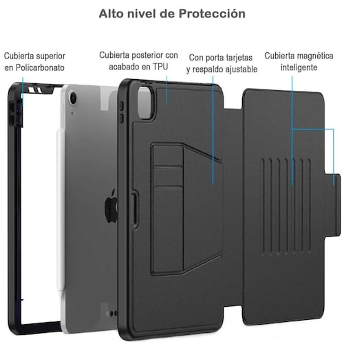 Funda TEKKU Flip SmartB para iPad Air 5 Air 4 Pro 11 Negra A2589 A2316 A2324 A2325 A2072 