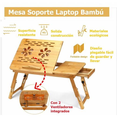 Mesa Soporte p/ Laptop Bambu c/ 2 Ventiladores Cama .