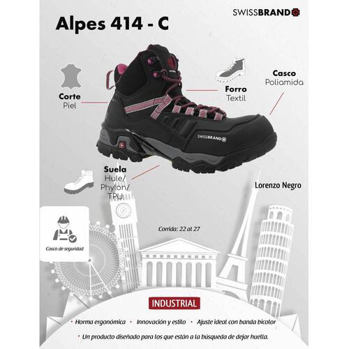 Bota Industrial Swissbrand Alpes 414 C Negro Rosa Dama