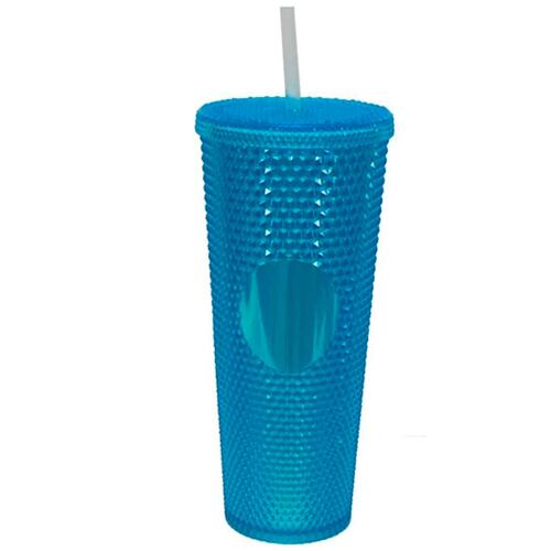 Vaso texturizado de tachuelas, diseño unico color azul, 710 ml, con popote libre de BPA.