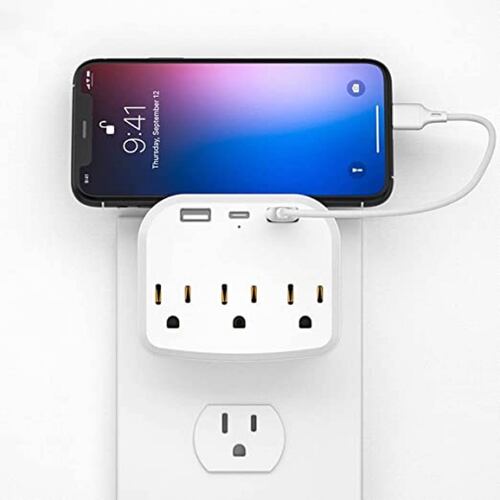 Multicontacto de pared con adaptador de corriente con 3 Salidas AC, USB y Tipo-C.