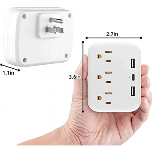 Multicontacto de pared con adaptador de corriente con 3 Salidas AC, USB y Tipo-C.
