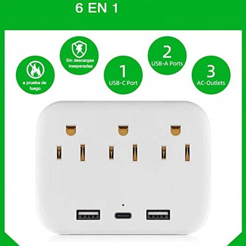 Multicontacto de pared con adaptador de corriente con 3 Salidas AC, USB y Tipo-C.
