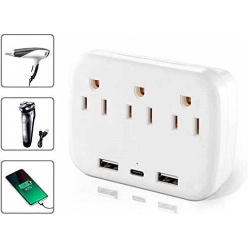 Multicontacto de pared con adaptador de corriente con 3 Salidas AC, USB y Tipo-C.