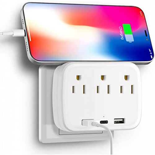 Multicontacto de pared con adaptador de corriente con 3 Salidas AC, USB y Tipo-C.