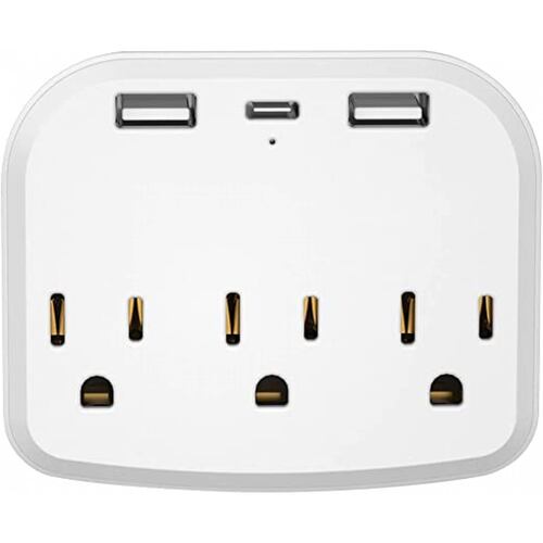 Multicontacto de pared con adaptador de corriente con 3 Salidas AC, USB y Tipo-C.