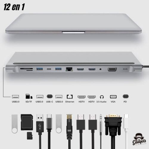 12 En 1 Usb Hub Adaptador 3.0 Tipo C Rj45 2x Hdmi Para Mac